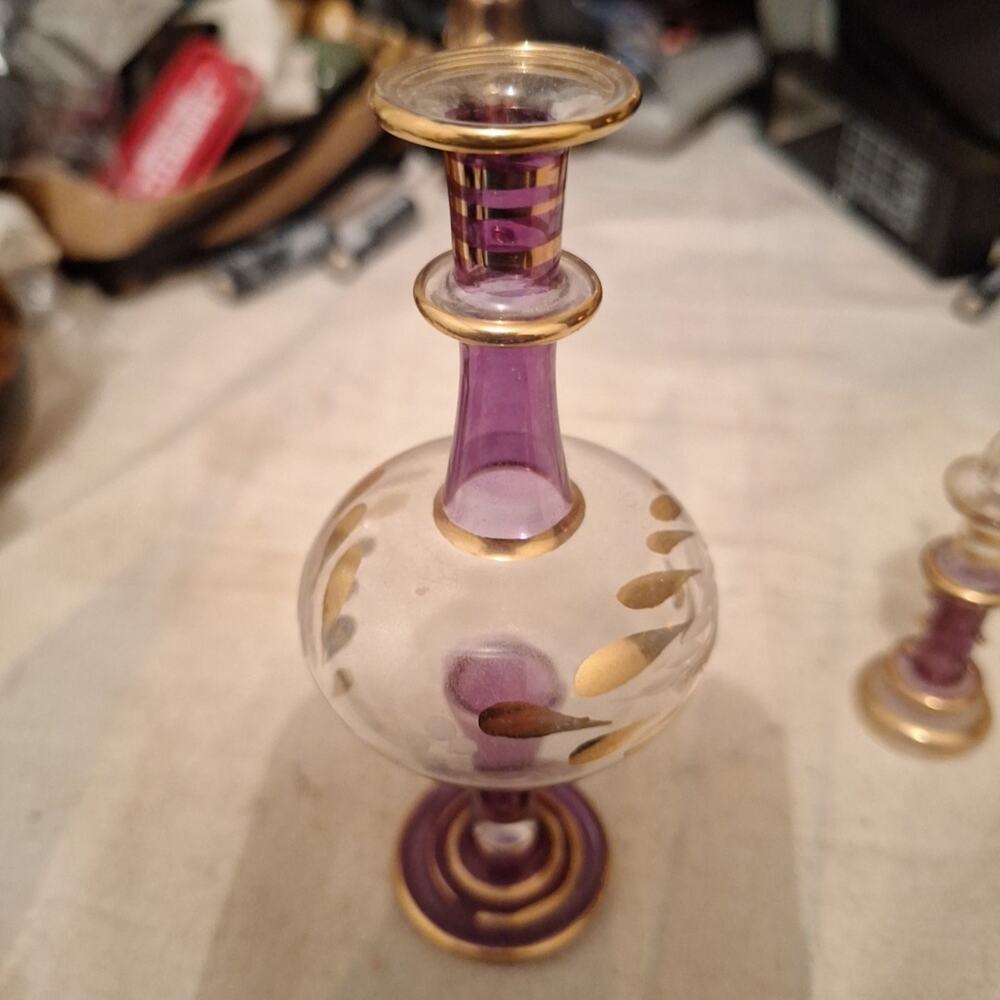 Vintage Perfume Bottles Egyptian Style Art Glass Cranberry Clear Gold Iridescent - Picture 2 of 6